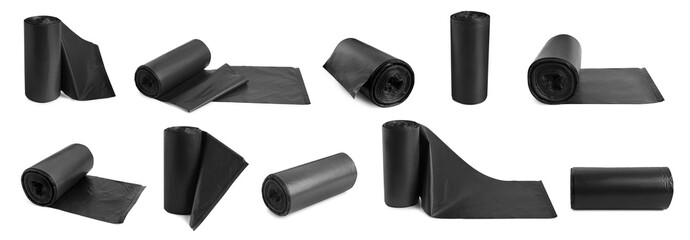 Set with rolls of garbage bags on white background. Banner design
