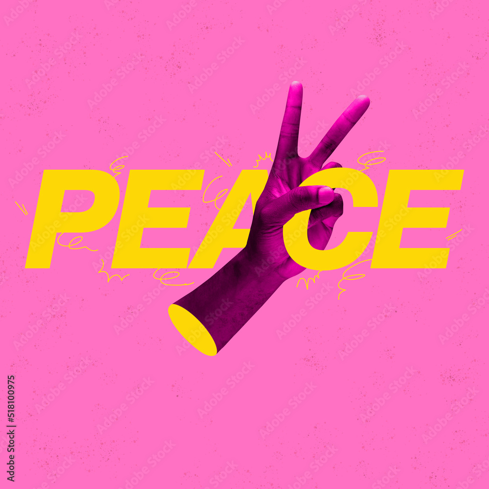 Wall mural creative colorful design. human hand showing gesture of peace isolated on bright pink background