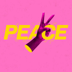 Creative colorful design. Human hand showing gesture of peace isolated on bright pink background