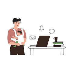 Father with infant baby in sling. Freelancer working remotely.
