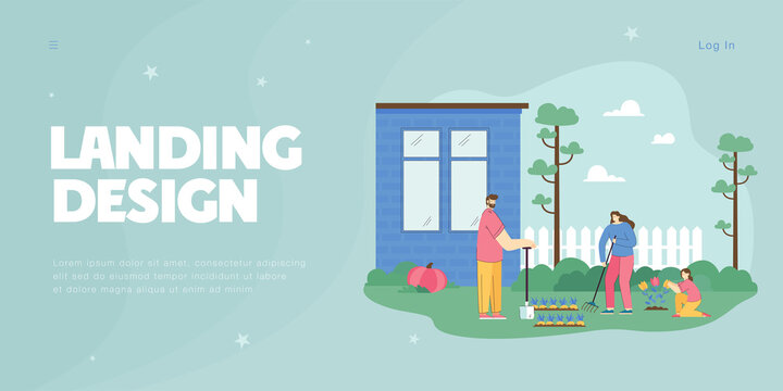 Family caring for plants in garden flat vector illustration. Parents and daughter planting flowers and weeding beds together, spending time on farm in nature. Village, agriculture, summer concept