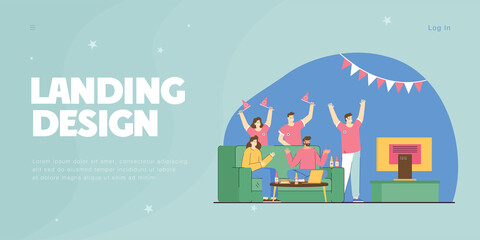 Fans watching football match on TV flat vector illustration. Happy men and women sitting on couch at home, having fun together and cheering for soccer team. Sports game, friendship, party concept