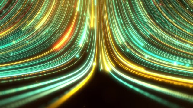 Abstract colorful green gold glow light trail with particles background.