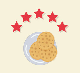 Cartoon cookies on a plate. Delicious food, crispy cracker. Baked dough products. Fresh baked goods with American flag stars in the background. Sweet snacks. Set of vector delicious desserts.
