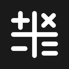 Obraz premium Calculation dark mode glyph ui icon. Four rules of arithmetic. User interface design. White silhouette symbol on black space. Solid pictogram for web, mobile. Vector isolated illustration