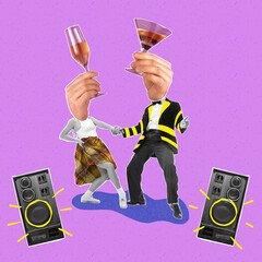 Contemporary art collage. Creative design. Man and woman dancing at disco isolated over purple...