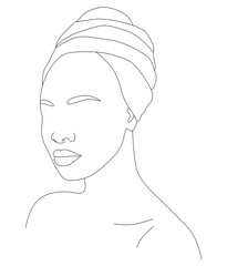 The face is one line. Portrait of a beautiful African woman. Women's African traditional scarf-headdress. Vector icon, logo, template, brochures.