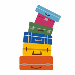 Bright suitcases are stacked on top of each other. Vector illustration of luggage in a flat style.