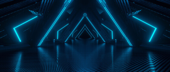 Modern Abstract Illuminated Corridor Interior Design Bright Blue Technology Background Wallpaper 3D Render © lumerb