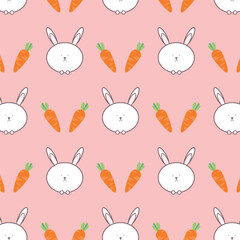 Seamless hand drawn cute orange carrot and white rabbit pattern vector isolated on pink background. Design for wrapping paper, tablecloth, gift paper, background, wallpaper and decor.