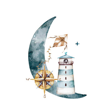 Moon, lighthouse, kite and compass watercolor illustration. Night sky, signs and symbols, star. Good night watercolor drawing isolated on white background