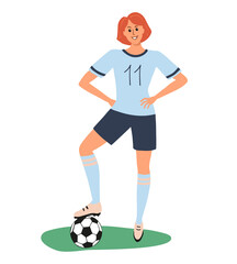 Sporty girl football soccer player standing with feet on the ball with the number 11 on the t-shirt. Woman playing football. Colorful art female character isolated on white background. Vector