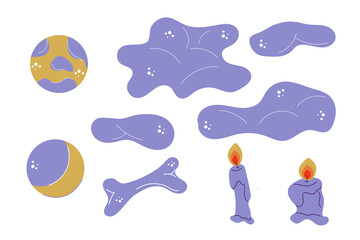 Moon, clouds, candles, bone, candles. A small Halloween set of two moons, a few clouds, a bone and two candles.