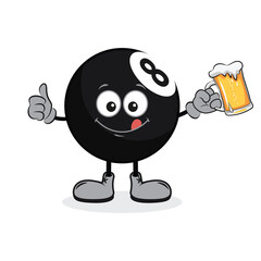 Illustration of cartoon character 8 ball billiard with thumbs up and holding a glass of beer