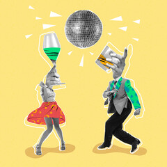 Contemporary art collage. Creative design. Stylish people dancing at disco party, enjoying drinks,...