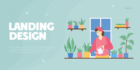 Cozy home interior with woman watering green houseplants. Lady taking care of cute garden, plants on table flat vector illustration. Gardening, plants concept for banner or landing web page