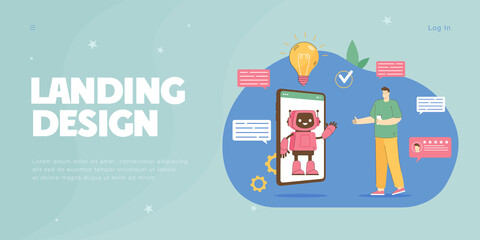 Naklejka premium Conversation between chat bot on screen of phone and customer. Tiny man talking with cute robot in online messenger flat vector illustration. Chatbot, AI, virtual support in social media concept