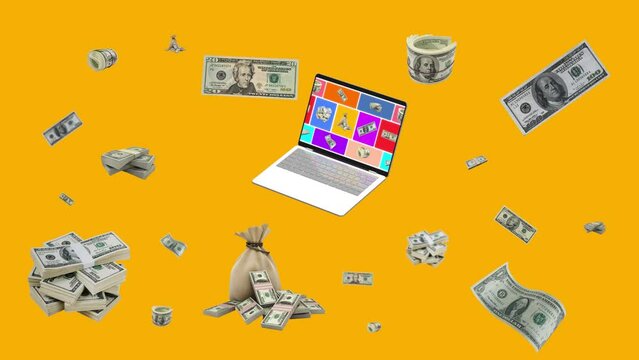 Multiproducts in laptop  4k 60 fps animation. Use for e-commerce, shopping and digital ads campaings. 
E-commerce products that revolve around the laptop. Dollar, america, money, USA, finance, economy