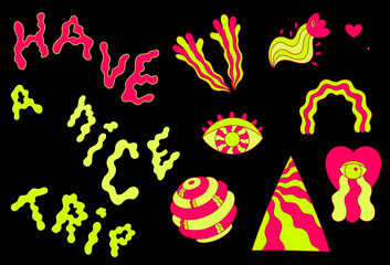 Psychedelic trippy large pack. Acid abstract objects in cartoon style and lettering Have a nice trip. Set of bright isolated elements.