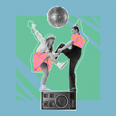 Contemporary art collage. Creative design. Stylish, young couple dancing on vintage music player...