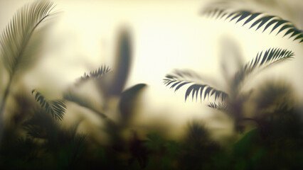 Blurred tropic leaves behind Frosted glass. Glassmorphism. Tropical leaf background. 3d illustration. - obrazy, fototapety, plakaty