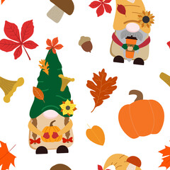 Cartoon autumn gnomes with pumpkins, dry leaves, and mushrooms. Vector seamless pattern on white background. Design for holiday wallpapers, and wrapping paper.