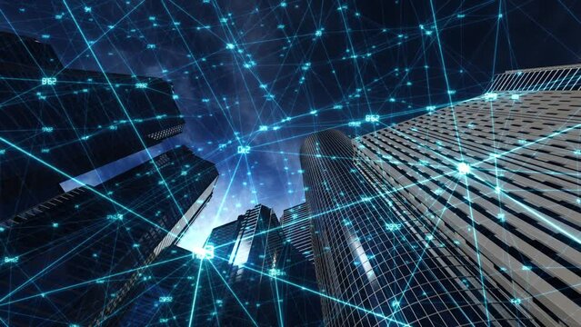 business center among high-rise buildings, smooth camera movement along buildings with digital illumination in space