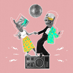 Contemporary art collage. Creative design. Young couple dancing on vintage music player, drinking alcohol. Disco party