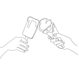 Two hands hold and cheers ice cream stick and ice cream cone Continuous line drawing Vector illustration.Single one line art of hand holding delicious sweet ice cream cafe meal menu.Summer desserts