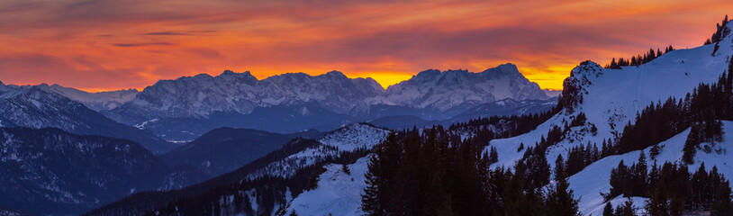 Burning winter sunset around Zugspitze
