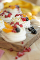 Dessert Pavlova. Delicious and beautiful breakfast. High quality photo