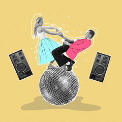 Contemporary art collage. Creative design. Stylish couple dancing at disco ball isolated on yellow...