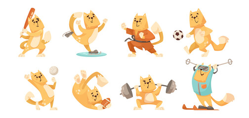 Orange comic cat doing different sports vector illustrations set. Cute cat cartoon character ice skating, doing karate, exercising, playing volleyball on white background. Sports, animals concept