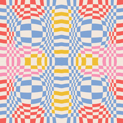 Obraz premium Optical illusion checkered abstract seamless pattern. Colorful background, chess board tiles with psychedelic spherical volume, geometric checker op art. Vector simple flat illustration.