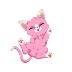 Ręcznie rysowany uroczy mały kotek w różowym kolorze. Wektorowa ilustracja zadowolonego, rozbawionego kota. Słodki, zabawny zwierzak. Obrazki dla dzieci.
