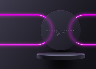 Black Podium with neon light elements. Premium product presentation space. Podium stage with neon light. Minimal scene with podium, Vector illustration.