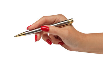 A woman's hand with a red manicure holding a metal writing pen. isolated on a white background
