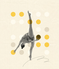 Creative design. Beautiful female rhythmic gymnast performing gymnastic element with ball. Drawn...
