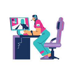 Excited woman playing shooting video game online, e-sport tournament - flat vector illustration isolated on white.