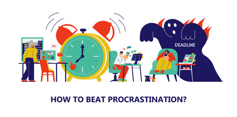 Procrastination, deadline and inefficient use of time banner, flat vector.