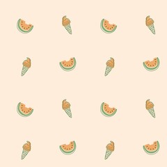 Seamless pattern with cartoon ice cream and watermelon slices on a beige background. Summer design.