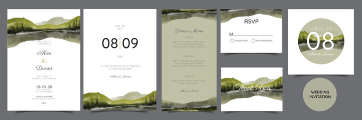 wedding invitation with mountain view watercolor background	