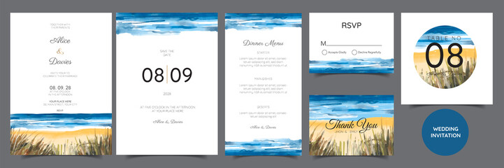 wedding cards, invitation. Save the date sea style design. Romantic beach wedding summer background