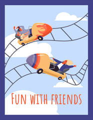 Vertical poster or banner with people riding on roller coaster flat style