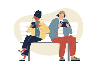 Man and woman sitting on bench addicted to the Internet and phone, flat vector illustration isolated on white.