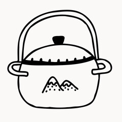 A pot for hiking in nature. Hand drawn vector illustration. Element for greeting cards, posters, stickers and seasonal design. Isolated on white background.