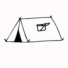Tourist tent fixed with stakes with a window. Hand drawn vector illustration. Element for greeting cards, posters, stickers and seasonal design. Isolated on white background.