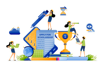 Design of outstanding students fill out scholarship application form. reduced tuition fees and learning opportunities. Illustration for landing page website poster banner mobile apps web brochure ads - obrazy, fototapety, plakaty