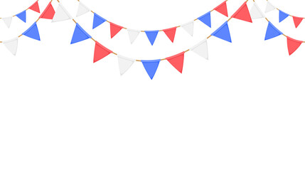Obraz premium Flag garland. Repeating party bunting pattern. Triangle celebration flags chain. White, blue, red pennants decoration. Vector footer, banner