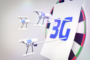3D illustration with a darts board with a leaflet with the inscription 3G in which cell towers 5G are stuck. New mobile communication technologies replace obsolete ones.